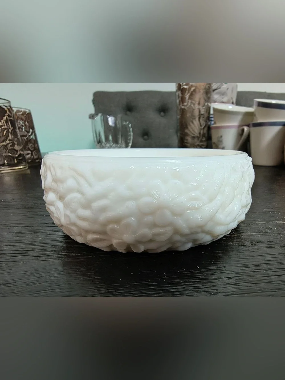 White Floral Relief Milk Glass Bowl